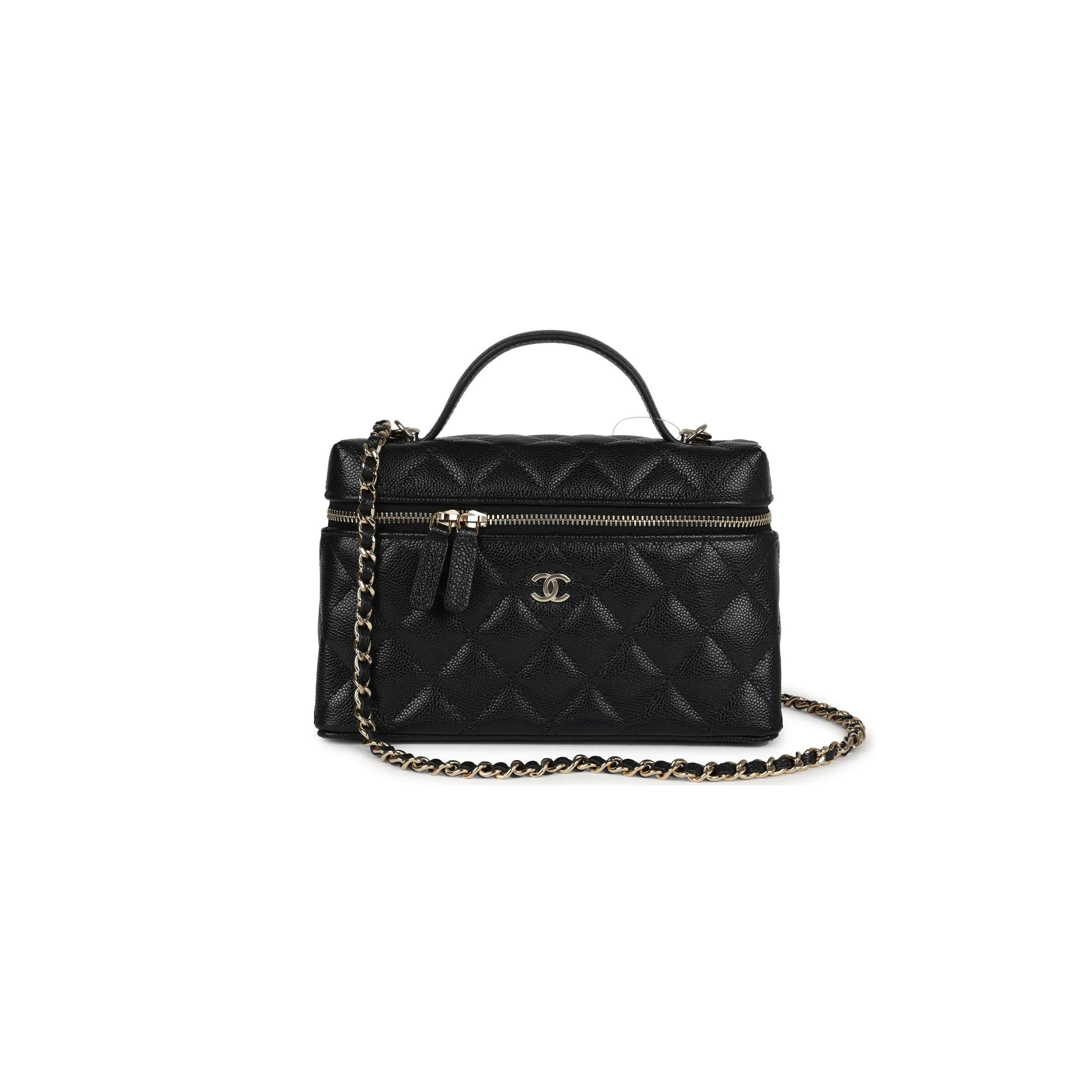 CHANEL CC TOP HANDLE LONG VANITY CASE WITH CHAIN BLACK SHINY CAVIAR LIGHT GOLD HARDWARE 1109942 (19.5*17*5cm)